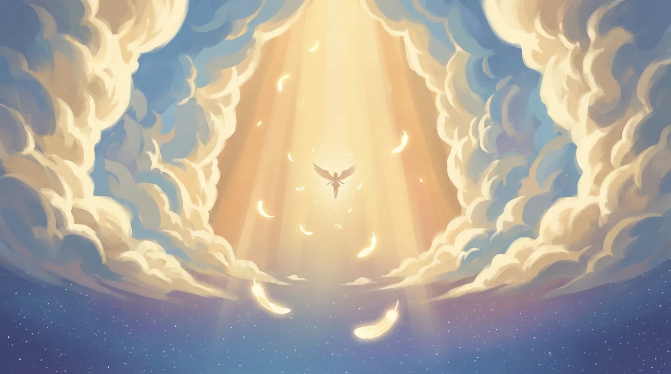 A winged figure glowing in a shaft of golden light between towering cream clouds, luminous feathers drifting down toward a starry blue sky